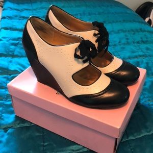 Black and cream wedges with ribbon shoelaces